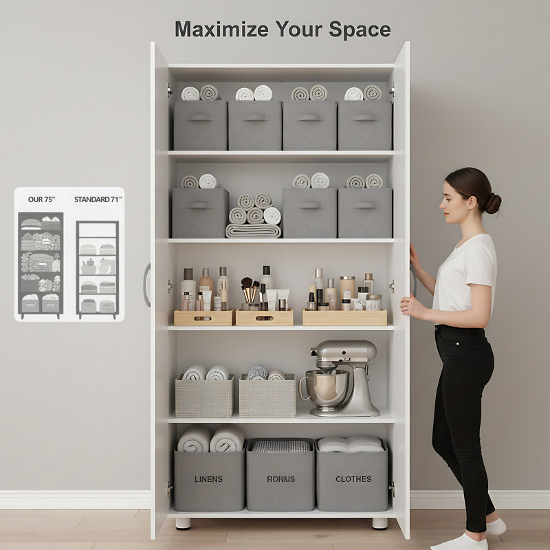 Extra-Tall 75" Wood Storage Cabinet with SGS-Certified Anti-Tip and Adjustable Shelves