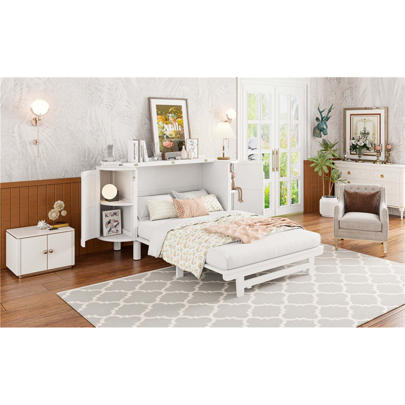Lit escamotable avec rangement caché et conception tissée moderne, Double, Blanc