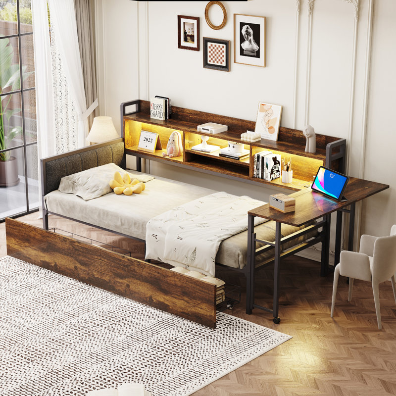 Metal Storage Bed With LED Lighting And Drawers, Brown