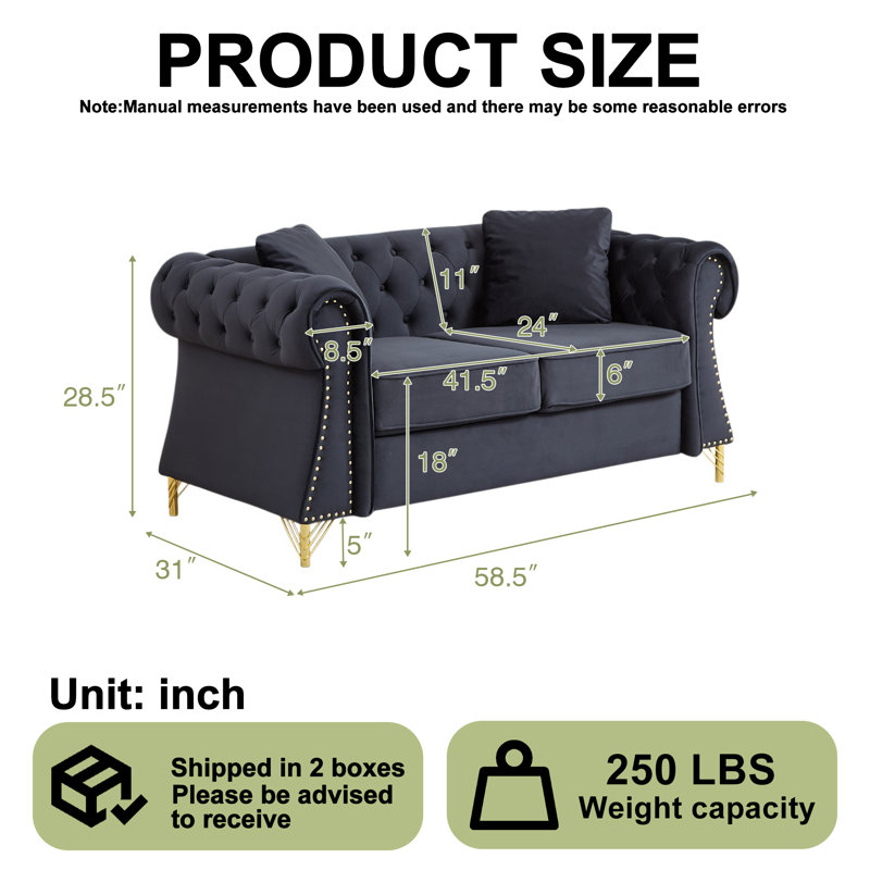 Canapé Chesterfield 2 places 147 cm (58 po), causeuse deux places en velours avec coussins décoratifs pour salon, appartement et chambre à coucher