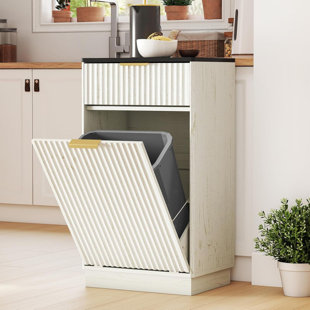 Armoire poubelle inclinable à grain de bois 10 gallons avec tiroir, rangement à ordures pour la salle de bain et le salon, fini blanc antique