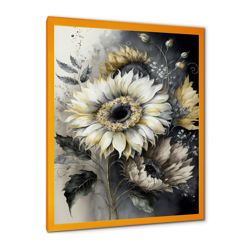 Tournesol blanc - art mural grand tournesol, H 20 po x l 12 po x P 1 po, Impression sur dorée toile encadrée