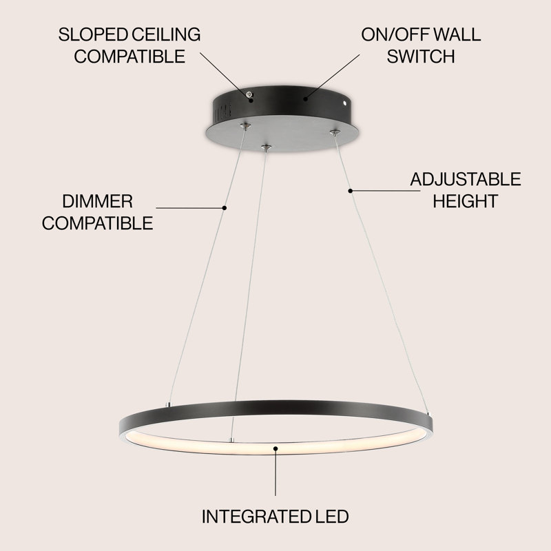 Huyet Single Light Dimmable LED Pendant, 0.75" H x 15.75" W x 15.75" D, Matte Black