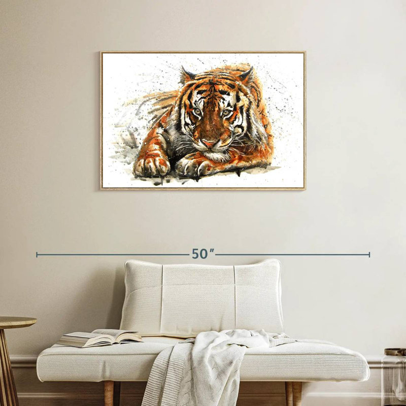 Tigre du Bengale qui se prélasse, Cadre flottant en bois naturel, 37 po x 25 po