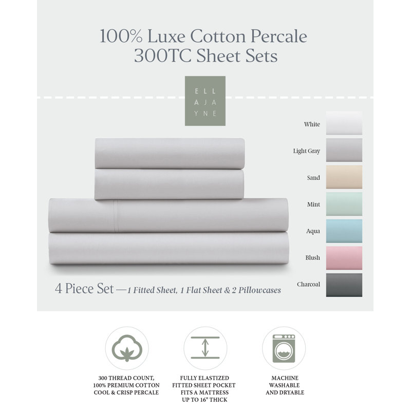 Full Size Light Grey Cotton Percale Deep Pocket Sheet Set