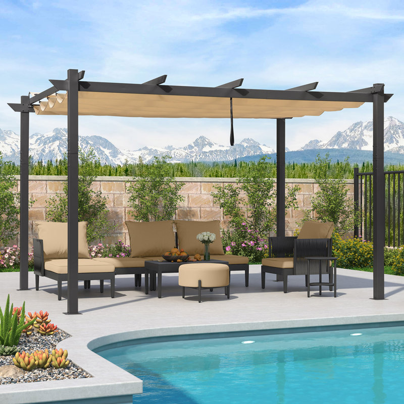 Pergola rétractable d'extérieur 10 pi x 13 pi en métal robuste pour terrasse en aluminium blanc avec abat-jour double pour terrasse
