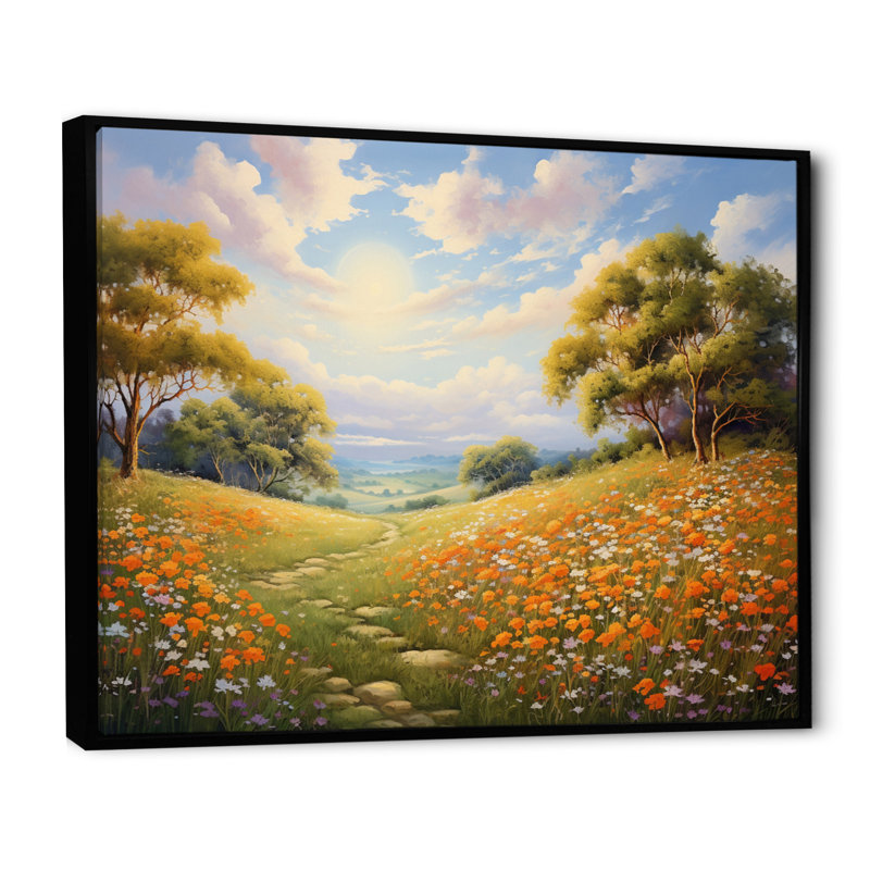 Orange, orange, fleurs blanches, horizon doré, 12" H x 20" W, Cadre flottant noir