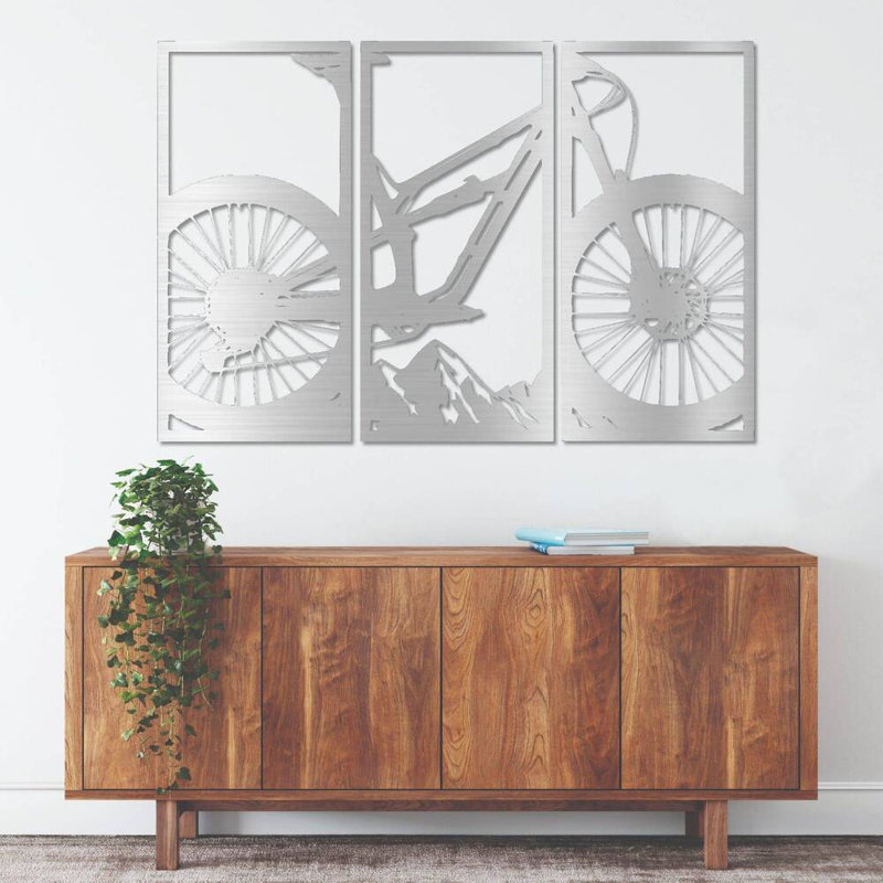 Mountain Bike 3 Piece Metal Wall Art - Cycling Sports Decor Set - Adventure Outdoor Wall Hanging - Mountain Biking Silhouette Design - Rustic Industrial Metal Sculpture - Modern Home Gym Garage Decor - Statement Art Pieces