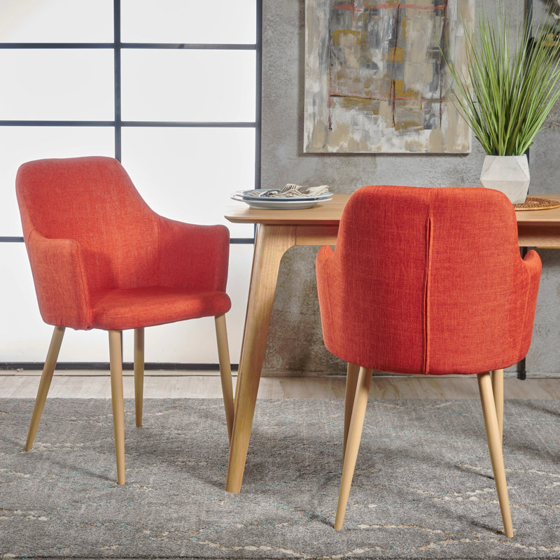 Chaises de salle à manger rembourrées en tissu Mid-Century, Orange, Naturel
