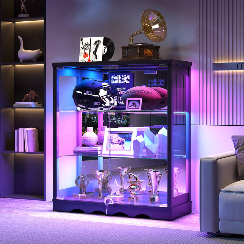 3-Tier Display Cabinet with Human Body Sensor RGB Lights, Black
