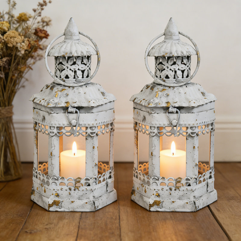 Vintage Candle Lanterns, Farmhouse Candle Holders ,Set of 2 , White