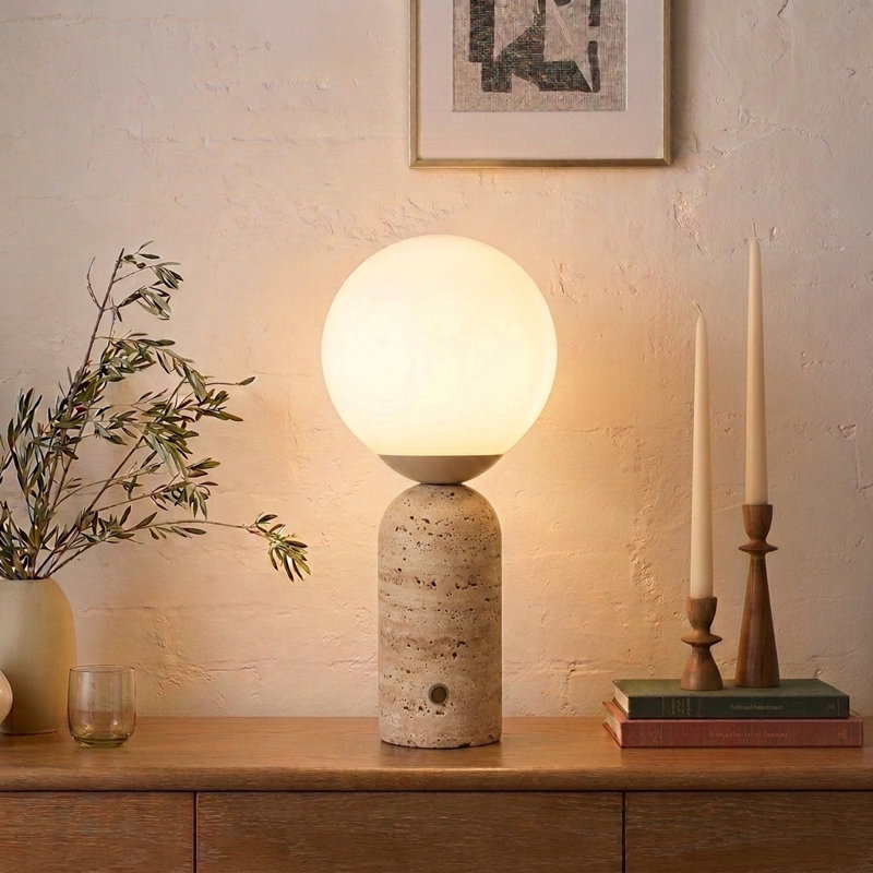Mila Tall 15" Modern Travertine LED Table Lamp with Frosted Glass Globe Shade, Beige, 15' H X 7'' W X 7'' D