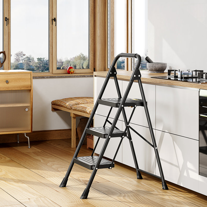 3 Step Ladder, Sturdy Steel Portable Ladder with Anti-Slip Wide Pedals, Folding Step Stool,Library Ladder,Decorative Kitchen Step Ladder