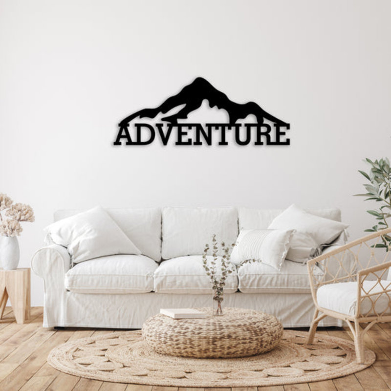 «Adventure Mountains», art mural en métal - décor de paysage de montagne rustique - décoration murale inspirée de la nature - art de l'aventure en plein air - sculpture industrielle moderne en métal - silhouette de silhouette de pic pittoresque - grande décoration murale