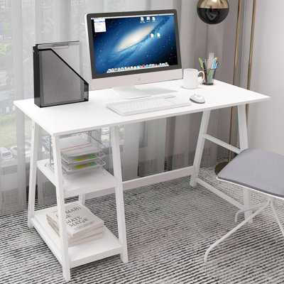 Grand bureau d'ordinateur 47 po blanc avec tablettes de rangement à 2 niveaux pour bureau à domicile, bureau, chambre à coucher