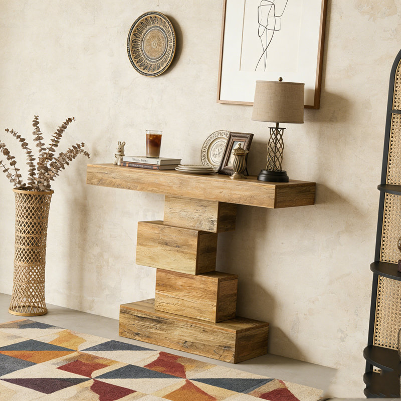 Wood Sofa Table Accent Table with Geometric Base, Marron clair