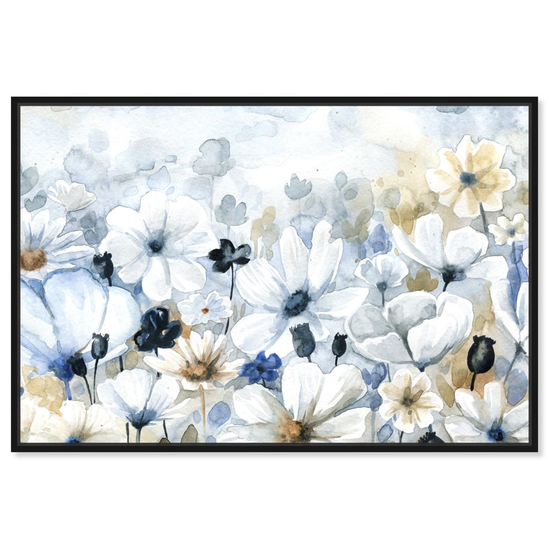 Floral and Botanical Fields of Blue Florals - Reproduction d'art graphique sur toile, Cadre noir