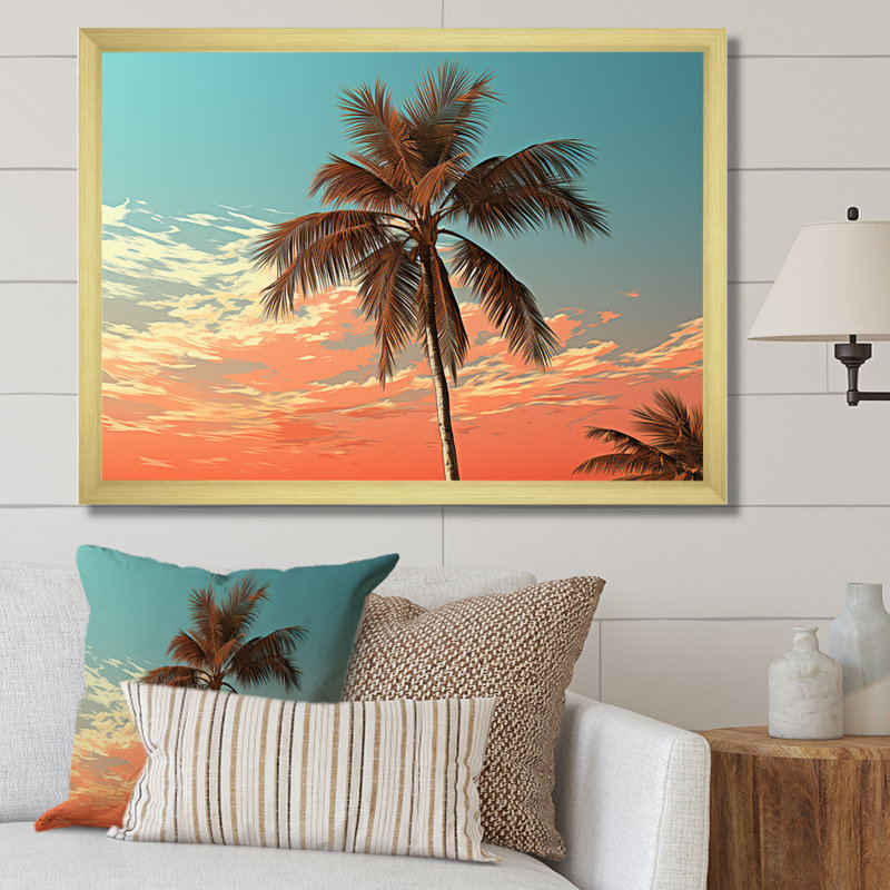 Palmier au coucher du soleil sur toile, Encadrement doré, H 34 po x l 44 po x P 1,5 po