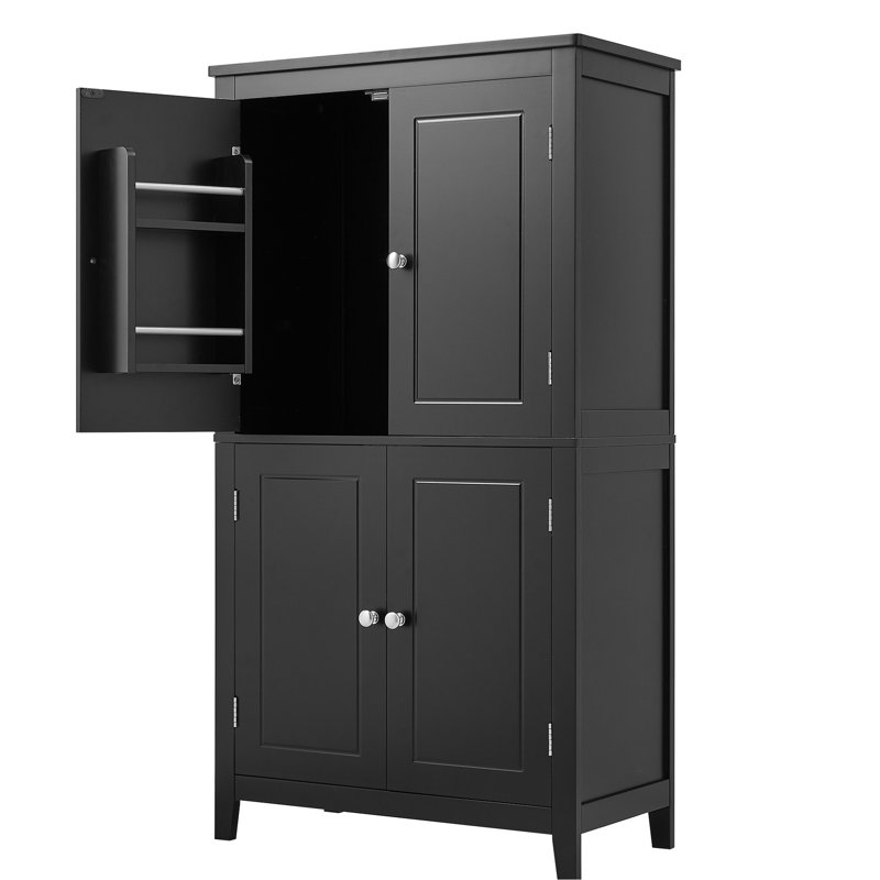 Tall Bathroom Cabinet - 4 Doors Black Adjustable Shelf Options For Versatility, Black
