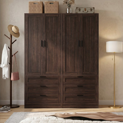 Armoire-penderie l 55 po avec 6 tiroirs, rangement pour garde-robe avec portes et tringle