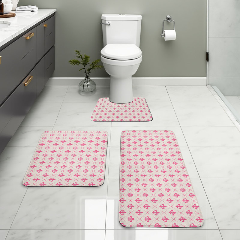  Fleur De Lis Bathroom Rug Set 3 Pieces U-Shape & Rectangle Mats Pink Cream