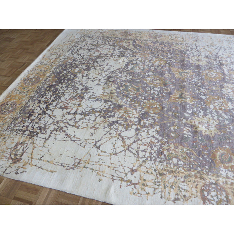 Tapis zone rectangulaire noué la beige/gris 8 pi 11 po x 12 pi one-of-kind Dvorak