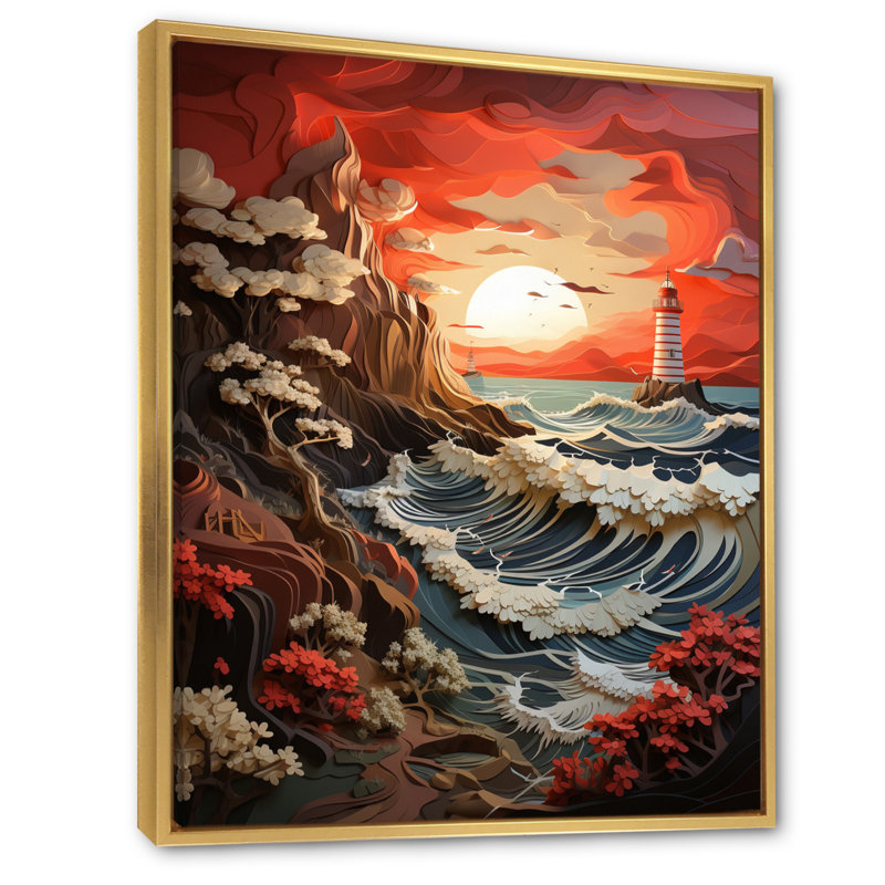 «Coastal Seaside Harmony Papercut», reproduction sur toile, H 20 po x l 12 po x P 1 po, Cadre flottant doré