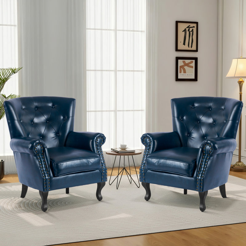 24"W Faux Leather Wingback Chair, Navy Faux Leather