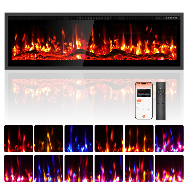 Narrow Bezel WiFi Smart Fireplace Recessed & Wall Mounted, Linear Fireplace w/App, Remote Control, Adjustable Temperature, Log Flame Option