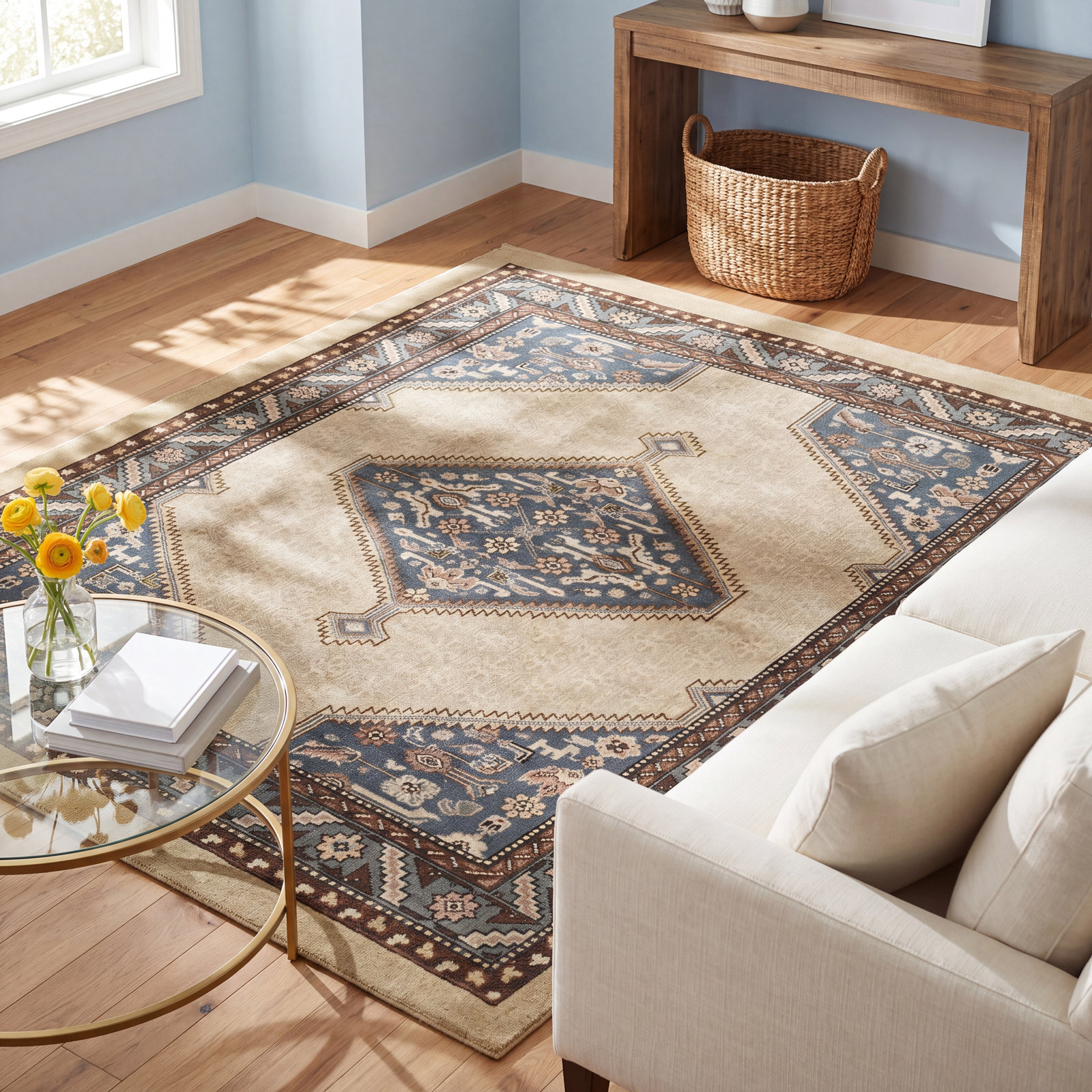 Blue Beige Hand-Knotted Wool Oriental Rug, Rectangle 5' x 8'