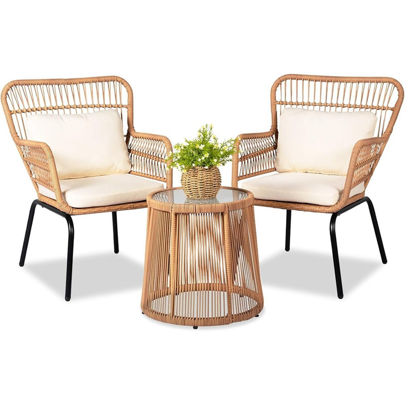 Ensemble bistro 3 pièces, chaises en rotin