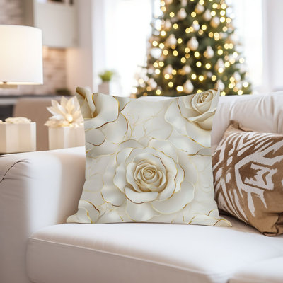 Floral Gold & White Roses IV Modern Throw Pillow Cover