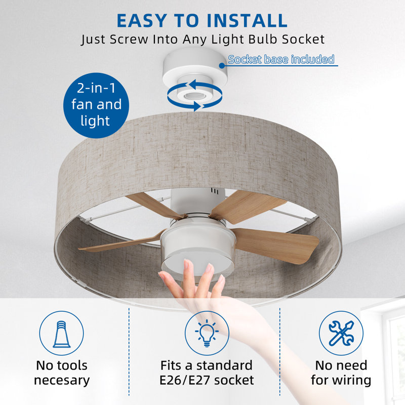 17,7 po Luminaire d'intérieur pour ventilateur de plafond avec télécommande, lumière DEL, 4 vitesses de ventilateur, intensité variable, 3 températures de couleur, avec abat-jour en lin