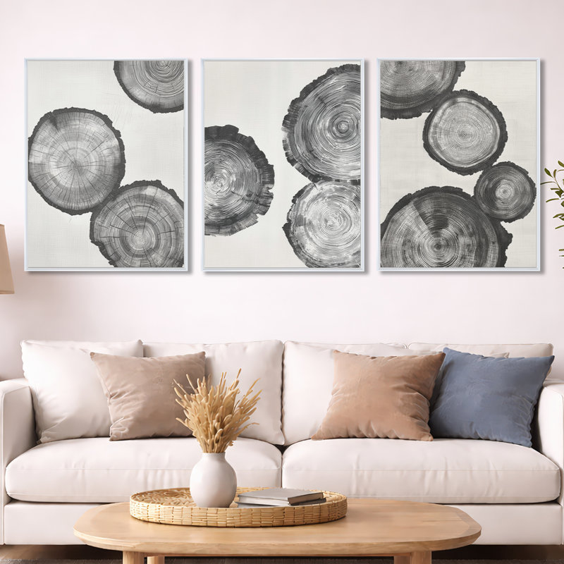 Ensemble de 3 toiles encadrées grises, Cadre flottant blanc, H 32 po x l 72 po