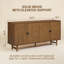 Buffet en bois massif, meuble 4 portes orné d'un motif radial sculpté à la main, pièce maîtresse artistique pour salon ou salle à manger, montage facile, aspect teck-564788352