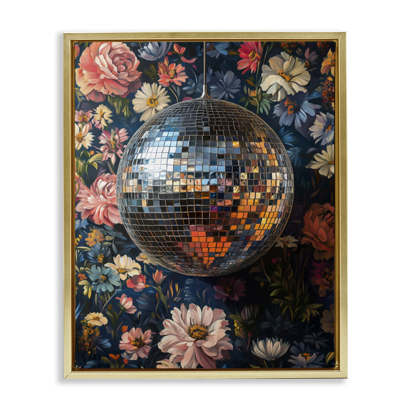 Cadre flottant floral à motif de boule disco, design par LSR Design Studio, 31 x 25, Metallic Gold Floater Framed