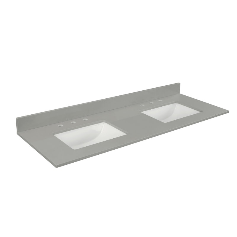 61" Earth Gray Quartz Vanity Top With White Double Sink And Backsplash