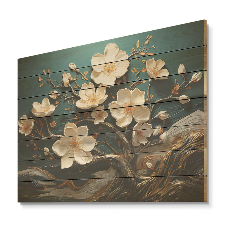 White And Gold Charming Spring Flower Elegance II - Flowers On Wood Print, 34" H x 44" W x 0.78" D