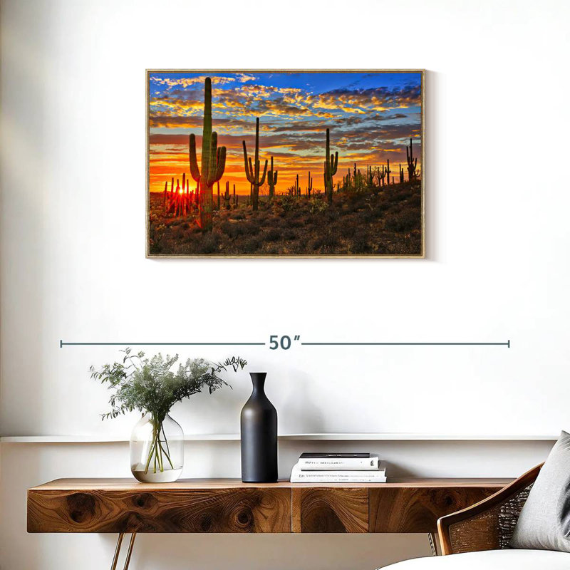 Cactus coucher de soleil, 31 po x 21 po, Cadre flottant en bois naturel