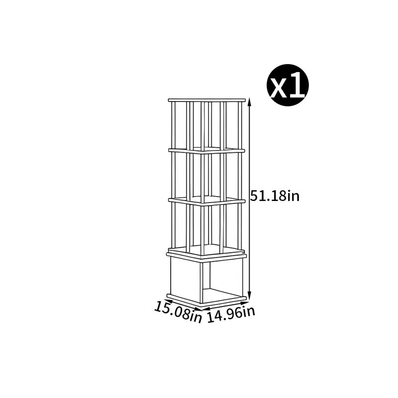 Bibliothèque rotative en bois massif, (4 tablettes) H 51,18 po x l 14,96 po x P 15,08 po