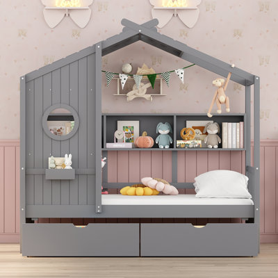 Wooden Twin Kids House Bed with 2 Drawers & Storage Shelf, Playhouse Style Gray