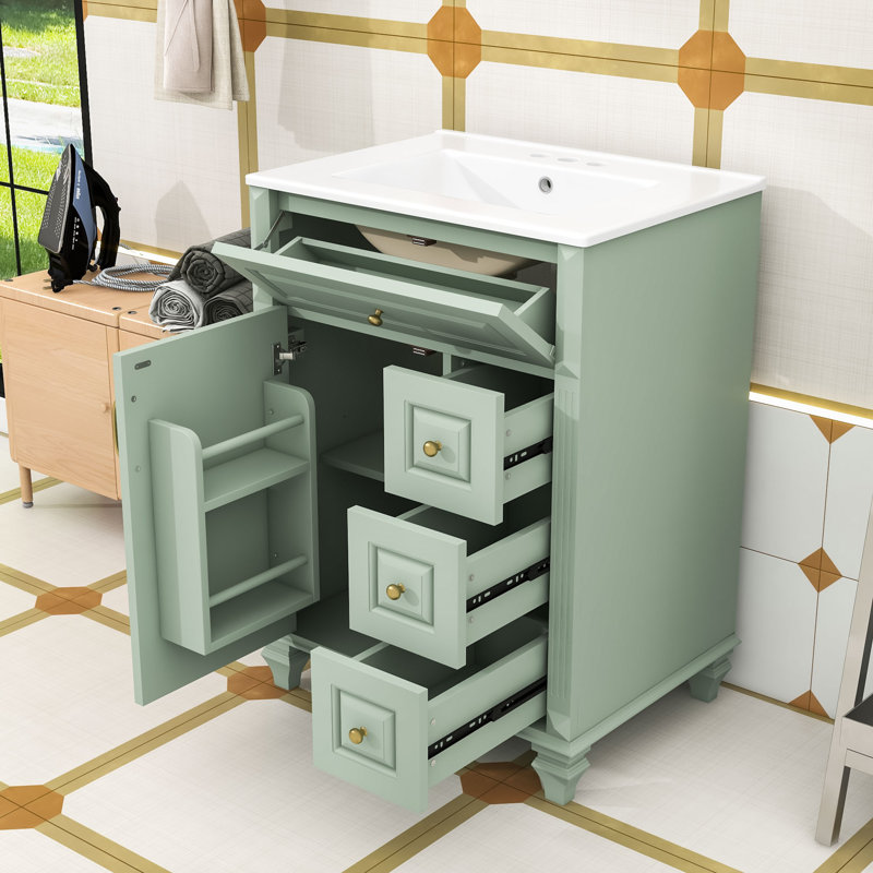 Meuble-lavabo autoportant élégant avec lavabo en céramique, tiroir rabattable, tablette réglable et support de rangement