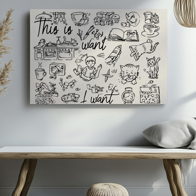 La toile crée une illustration fantaisiste mettant en vedette une série d'art mural dessiné à la main sur un fond de couleur crème