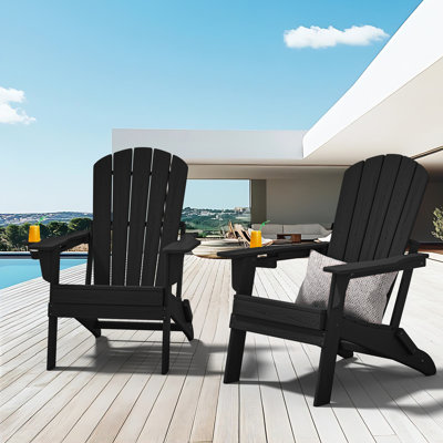 Set of 2 Folding Adirondack Chairs, Wood Texture, Cup Holder, All-Weather HDPE