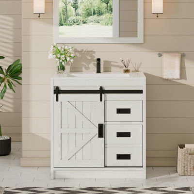 Chimira 31" Sliding Barn Door Bathroom Vanity with Sink, Farmhouse Small Single Bathroom Vanity Set, White