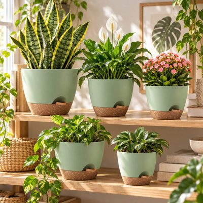 Ensemble de 5 pots de fleurs en plastique vert à arrosage automatique, de 18 à 25 cm (7 à 10 pouces).