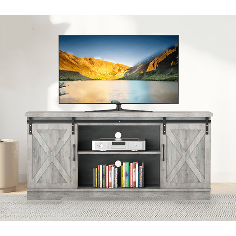 Entertainment Center With Storage And Sliding Barn Doors, Modern Media Tv Console, Gray