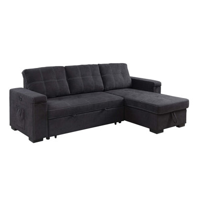 Ollie 95"W Black Woven Fabric Reversible Sleeper Sectional Sofa With Storage Chaise Cup Holder Charging Ports And Pockets
