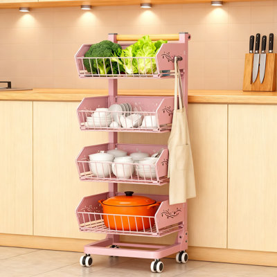 Chariot de cuisine à 4 niveaux avec paniers amovibles, organisateur de rangement en acier robuste pour garde-manger, collations, fruits et légumes