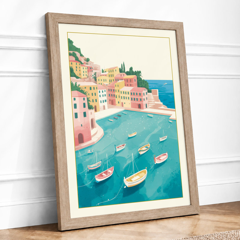 Mediterranean Harbour Coastal - Framed Print, A2 - 59.4 x 42.0 cm, Oak